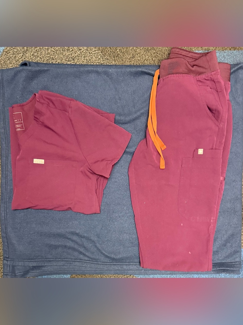 Women’s Maroon scrubs- top and Jogger Bottoms with Orange Drawstring